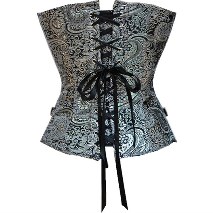 Gothic Waist Shaper with black lace-up front and intricate silver paisley design