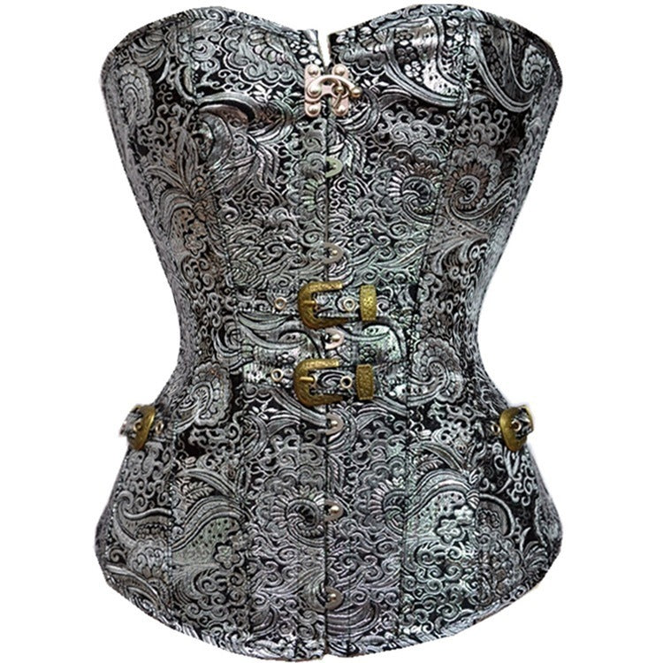 Gothic Waist Shaper with intricate silver and black floral brocade pattern and brass buckle accents