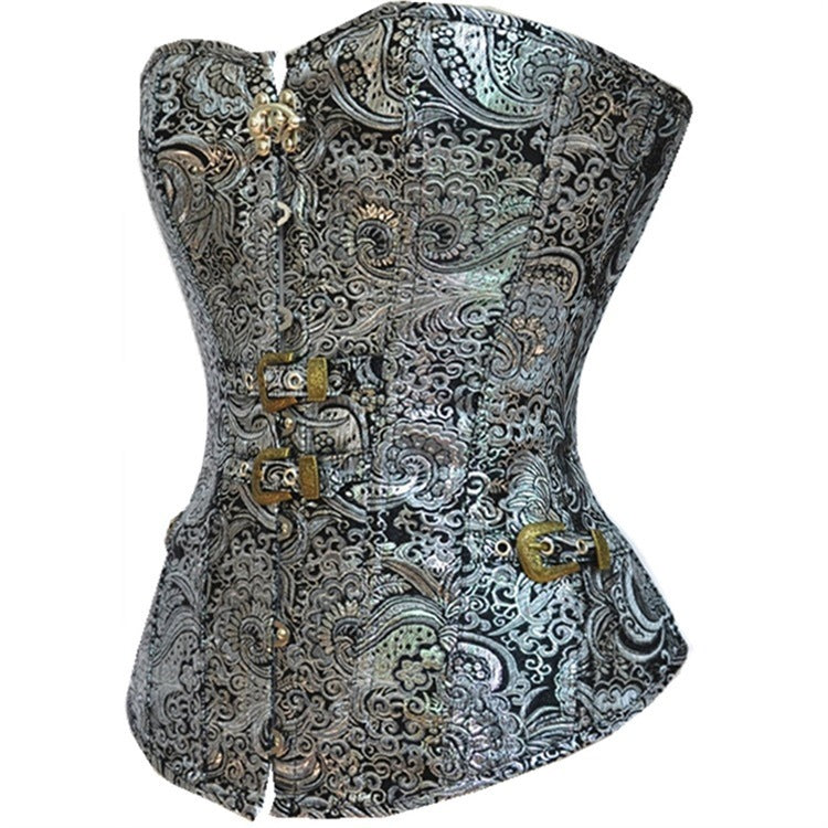 Gothic Waist Shaper with ornate black and silver paisley design and decorative brass buckles