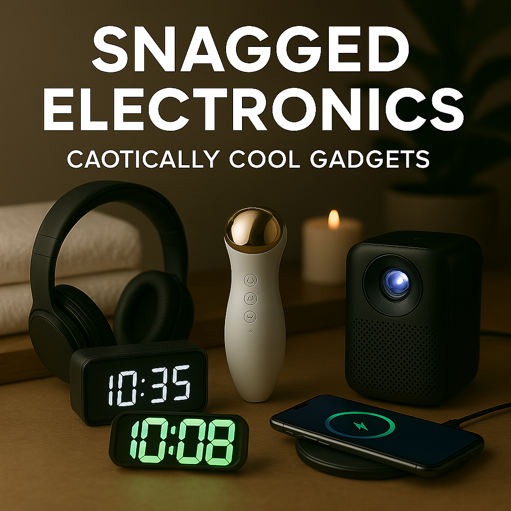 Collection of electronics including wireless headphones, digital clocks, portable projector, facial device, and phone charger
