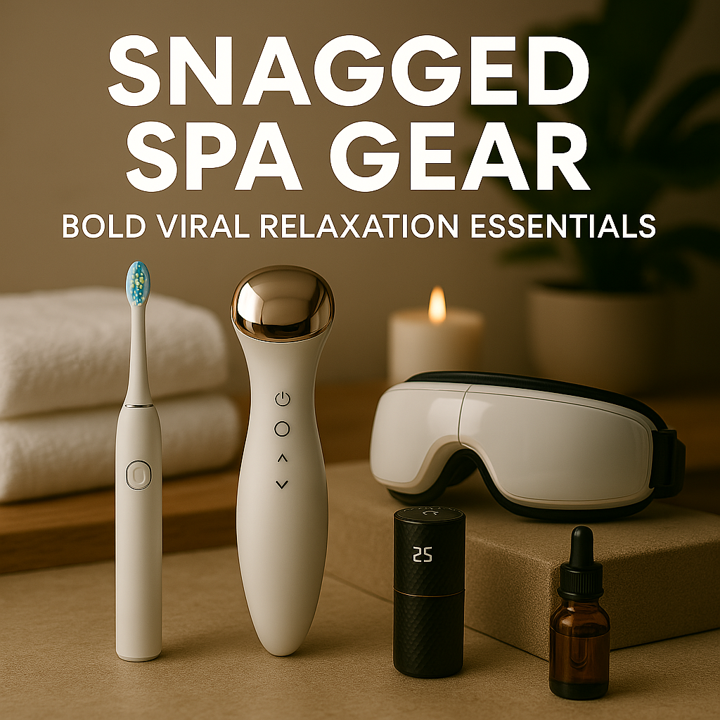 Snagged spa gear collection featuring electric toothbrush, facial massager, eye massager, mist sprayer, and serum dropper