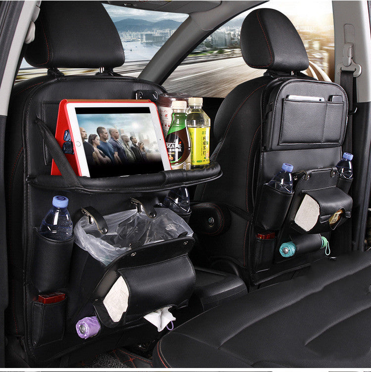 Black leather Car Seat Organizer with tablet holder, cup holders, tissue dispenser, and storage pockets