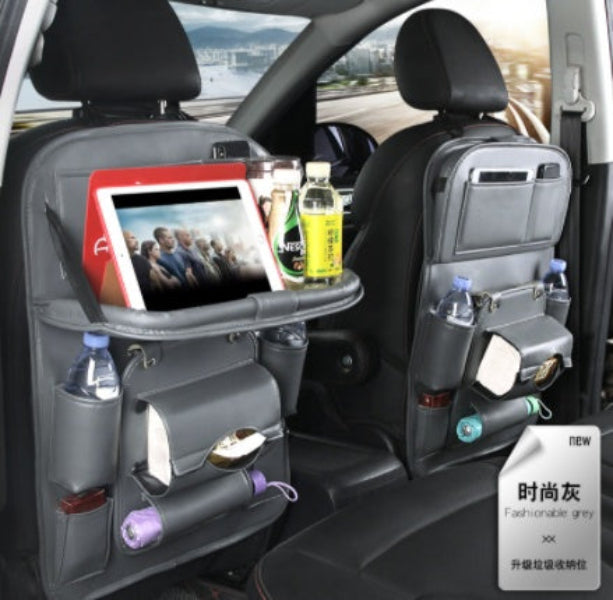 Car Seat Organizer in fashionable grey with multiple pockets and cup holders attached to front seats