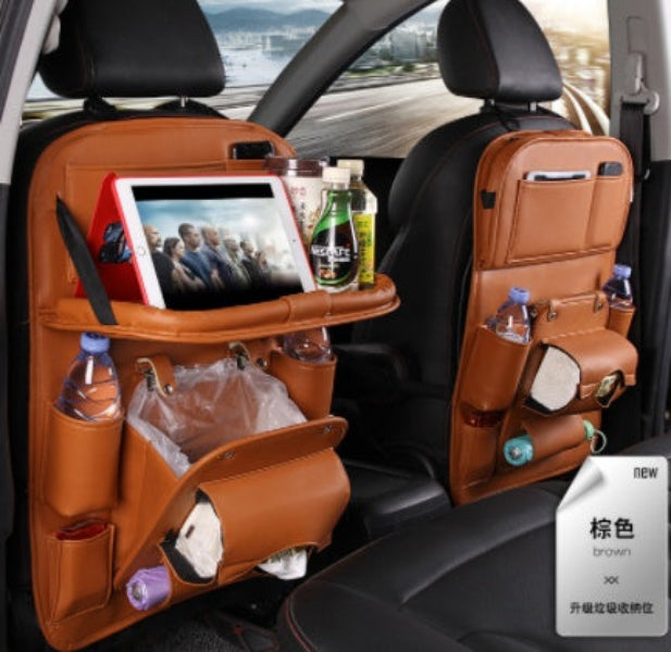 Brown Car Seat Organizer with multiple pockets holding tablet, bottles, and tissues for car storage