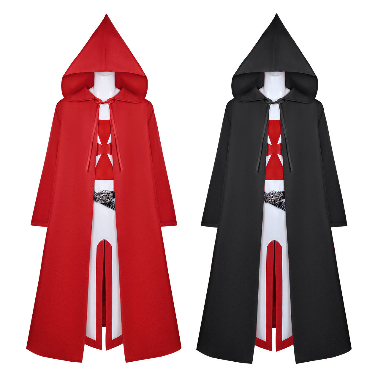 Crusader hooded cloak in red and black colors for automotive accessory cosplay or themed events