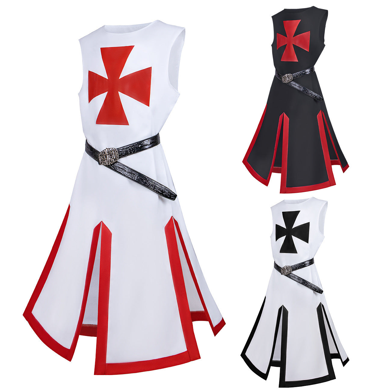 Crusader themed automotive accessory costume with red and black cross designs and decorative belt