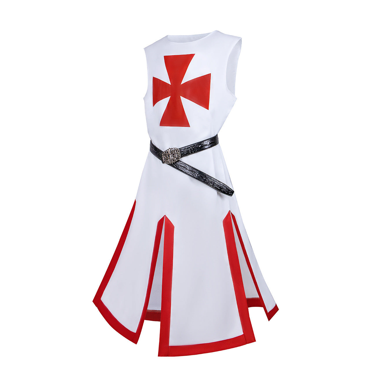 White Crusader costume dress with red cross and black belt inspired by medieval armor
