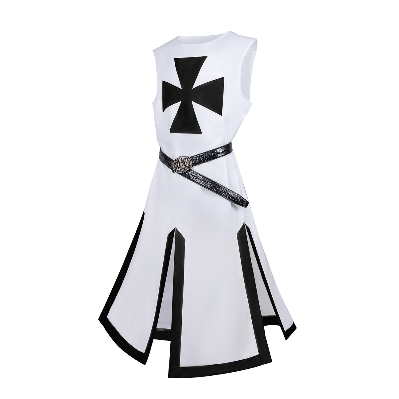 Crusader style white sleeveless dress with black cross and belt inspired by automotive accessories design