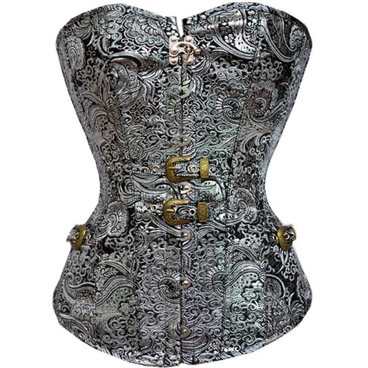 Gothic Waist Shaper with intricate silver and black floral brocade pattern and brass buckle accents