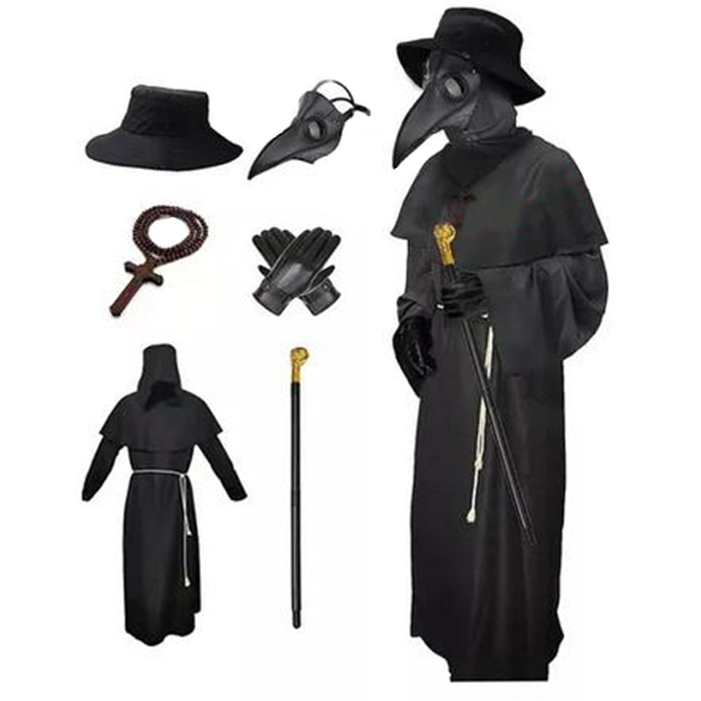 Men's plague costume set including black robe, wide-brim hat, beaked mask, gloves, cane, and rope belt