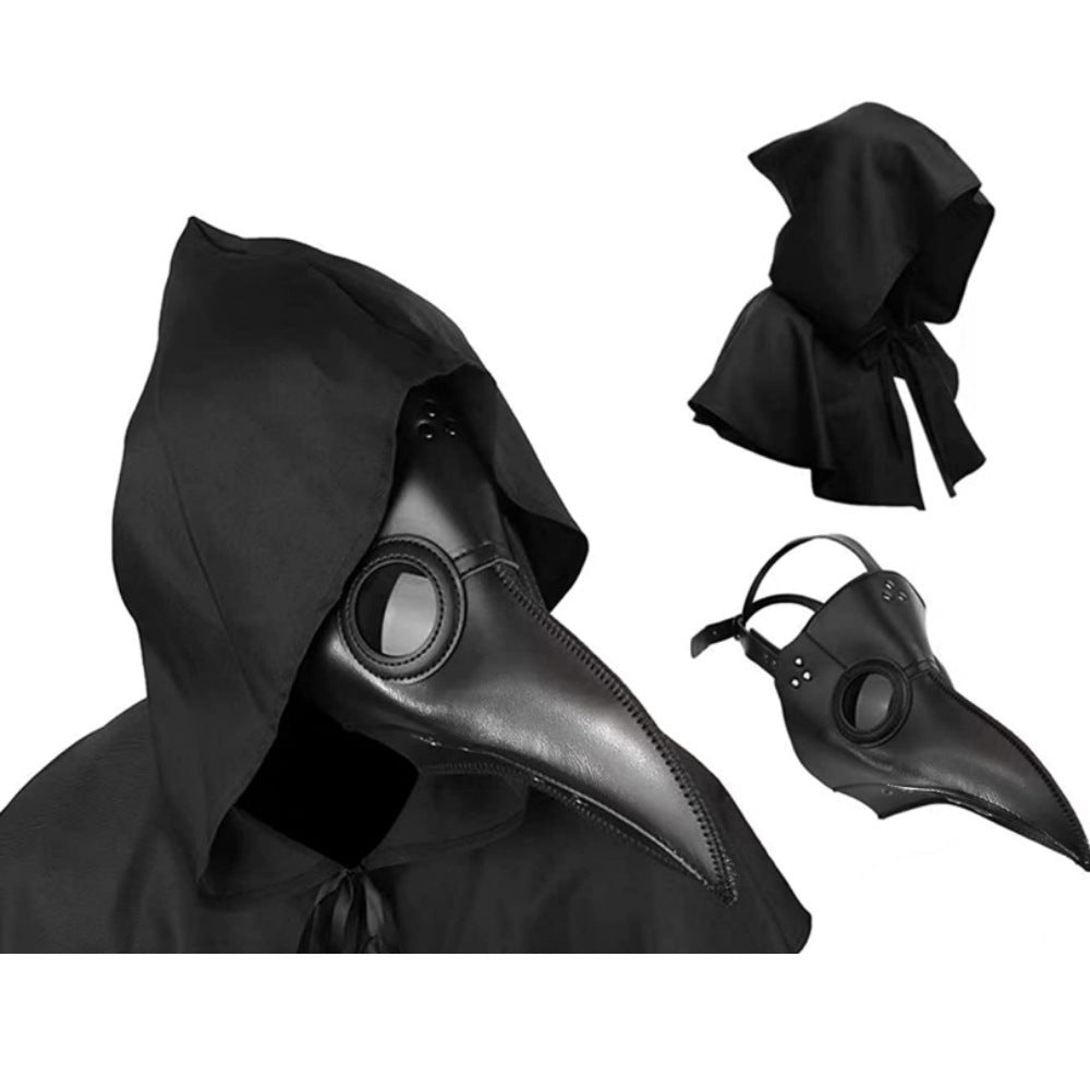 Men's plague costume with black hooded cloak and detailed black leather plague doctor mask
