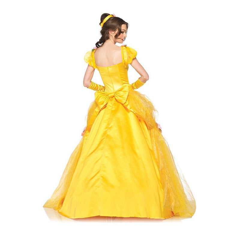 Elegant yellow ball gown with puff sleeves and bow detail on back for formal events