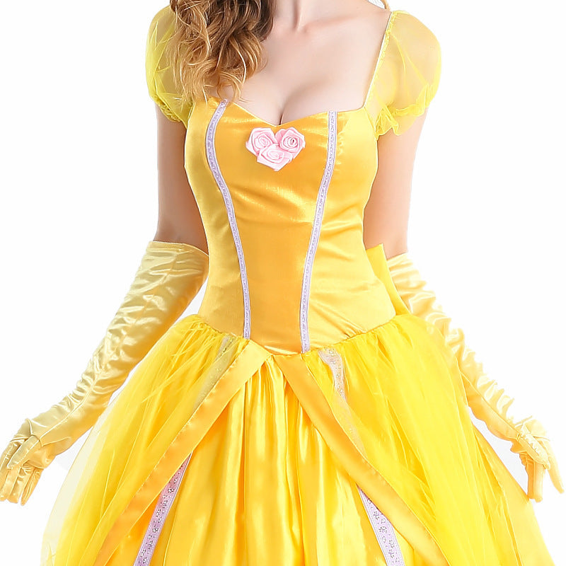 Yellow ball gown with puff sleeves and pink rose detail on bodice, paired with matching gloves