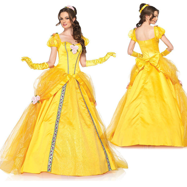 Yellow ball gown with puff sleeves, floral accents, and bow detail on back for elegant occasions