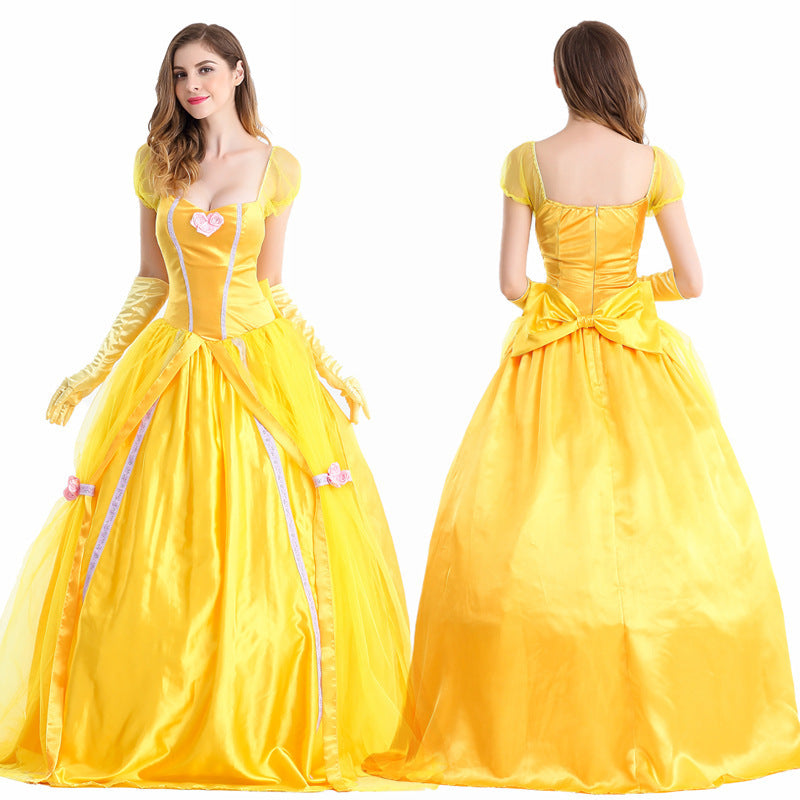 Yellow ball gown dress with puff sleeves and gloves shown from front and back views